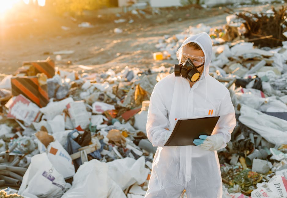 An expansive landfill site is shown with a large mound of mixed waste materials including plastics, paper, and debris, all piled high and covering the earth's surface. The mound has an uneven texture 